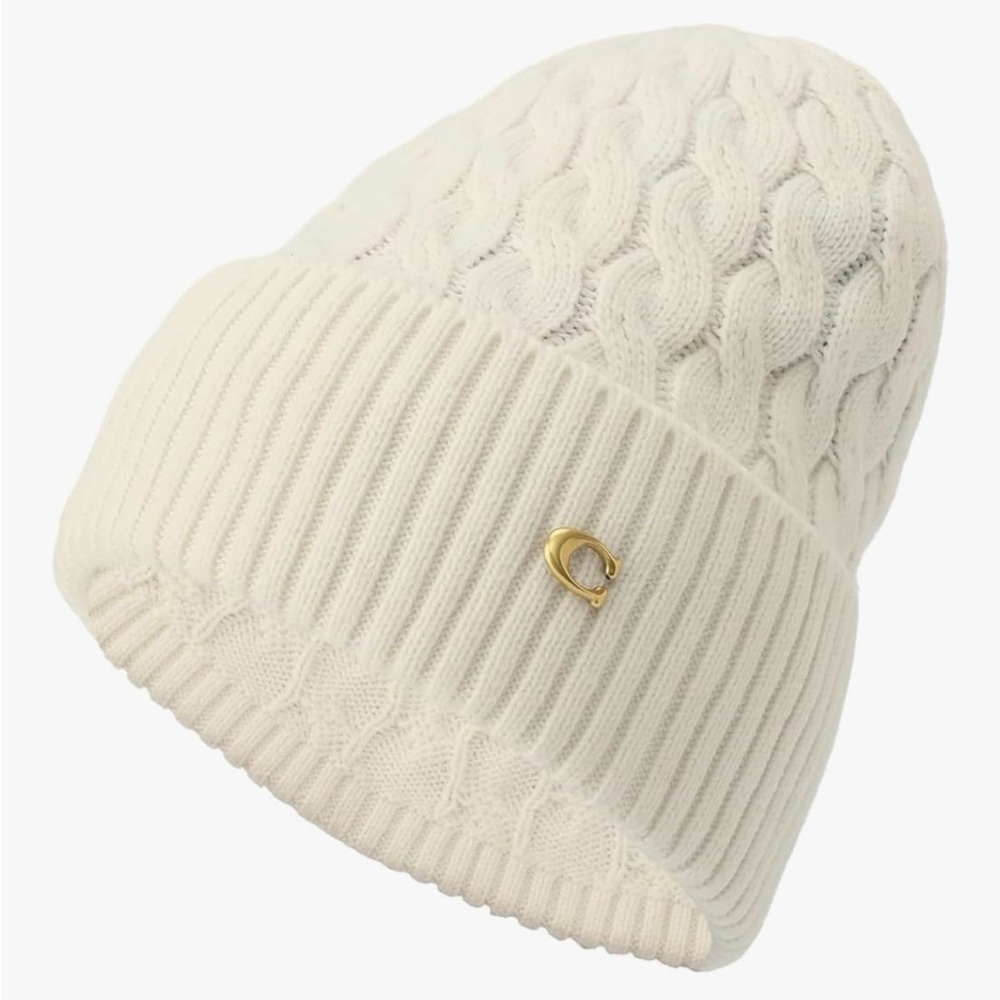 Coach Chalk Cable Knit Beanie with Gold C Logo